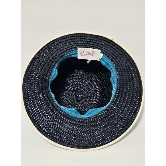 VINTAGE 1940 Or 50s Ranleigh Black Straw Hat Velvet Navy Ribbon Cream Rim U.S.A. - Picture 5 of 11